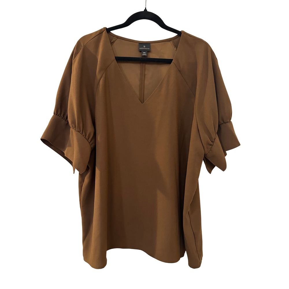 Worthington Womens XXL Brown V-Neck Puff Sleeve Pleated Cuff Top Minimalistt